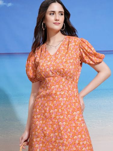 Image of Tokyo Talkies Women Peach Floral Printed Fit & Flare Mini Dress