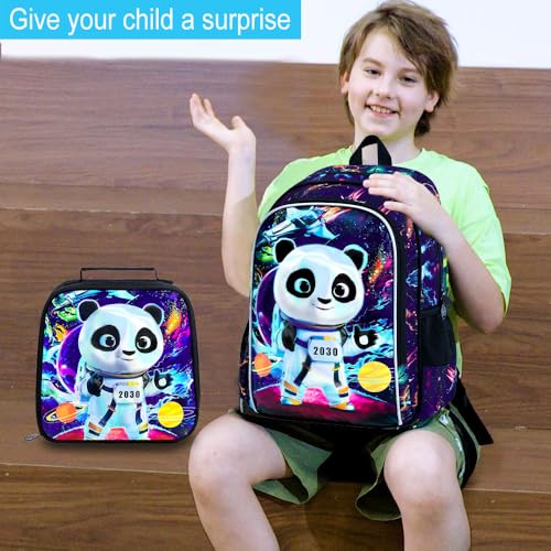 Image of 3Pcs Boys Backpack, 16 inch Panda School Backpacks with Lunch Box, Kids Bookbag for Elementary Preschool Kindergarten(Black)