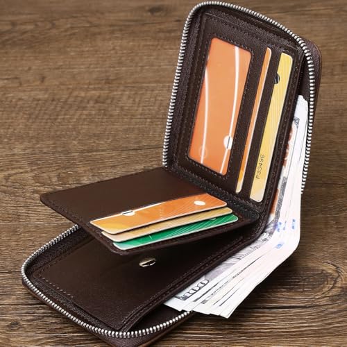 Slim Wallet for Men with Zipper RFID Blocking - Minimalist Front Pocket Bifold Wallet for Women, Compact Travel Money Organizer Card Holder with ID Window & Cash Pocket (Brown)4