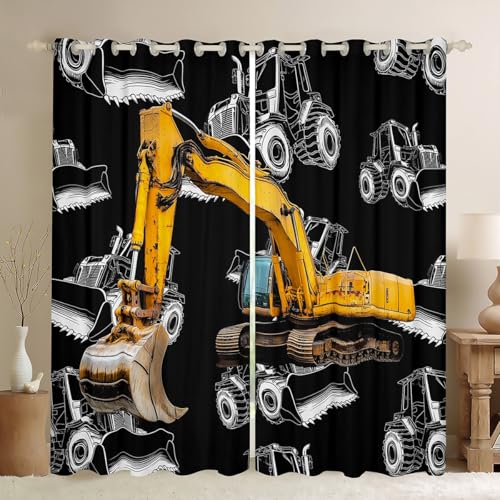 Boys Excavator Curtains Construction Truck Window Treatments For Kids Girls Children Bedroom Decor Cartoon Car Window Curtains Yellow Digger Thermal Insulated Window Drapes 2 Panels, Black 42