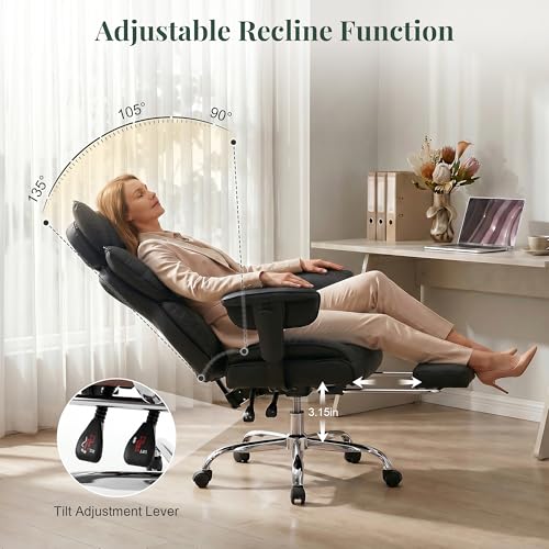 Image of Big and Tall Ergonomic Office Chair,350 lbs,High Back Reclining PU Leather Gaming Chair with Footrest, Adjustable Armrests, Lumbar Support, Executive Desk Chair for Home Office, Black