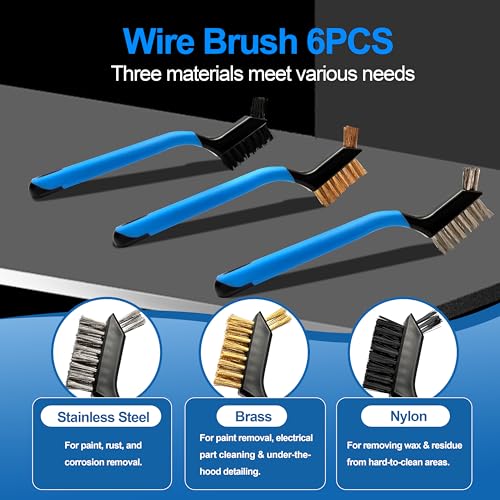 Image of Mini Wire Brush Set 6Pcs - Nylon /Brass /Stainless Steel Bristles with Curved Handle Grip for Rust, Dirt & Paint Scrubbing with Deep Cleaning