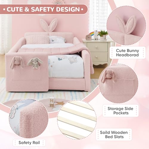 Image of Twin Size Kids Bed with Rabbit Ear Headboard, Upholstered Boucle Fabric Twin Daybed with Slats Support & Side Pockets, Space-Saving Wooden Corner Sofa Couch Bed Frame for Girls, Boys, Teenager(Pink)