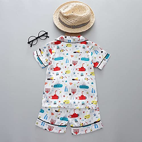 Little Baby Boy Girl Silk 𝐏ajamas 2 Piece Button Down Short Sleeve Tops Satin 𝐏js Cute Truck Cartoon Loung𝐞wear Set2