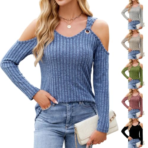 Cold Shoulder Tops for Women Slim Fit Fall Shirts Ribbed Knit Sexy Sweater - image 1