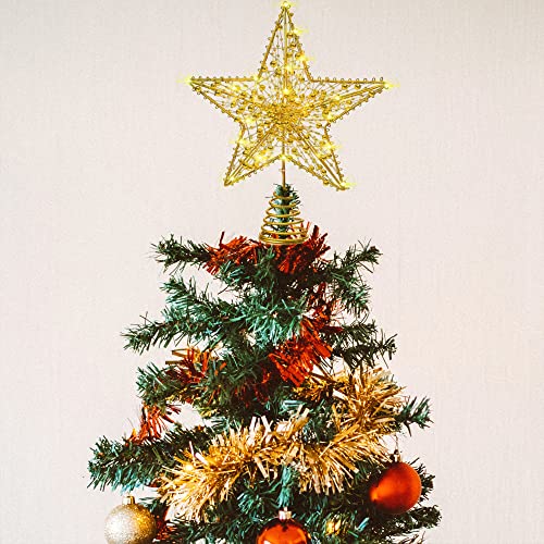 Sislyania Christmas Tree Topper Lighted - Christmas Star Tree Topper With 20 Led Battery Operated String Lights And 6H Timer, Metal Hollow Tree Topper For Holiday Party Christmas Decor, 9.8In, Gold #TOP7