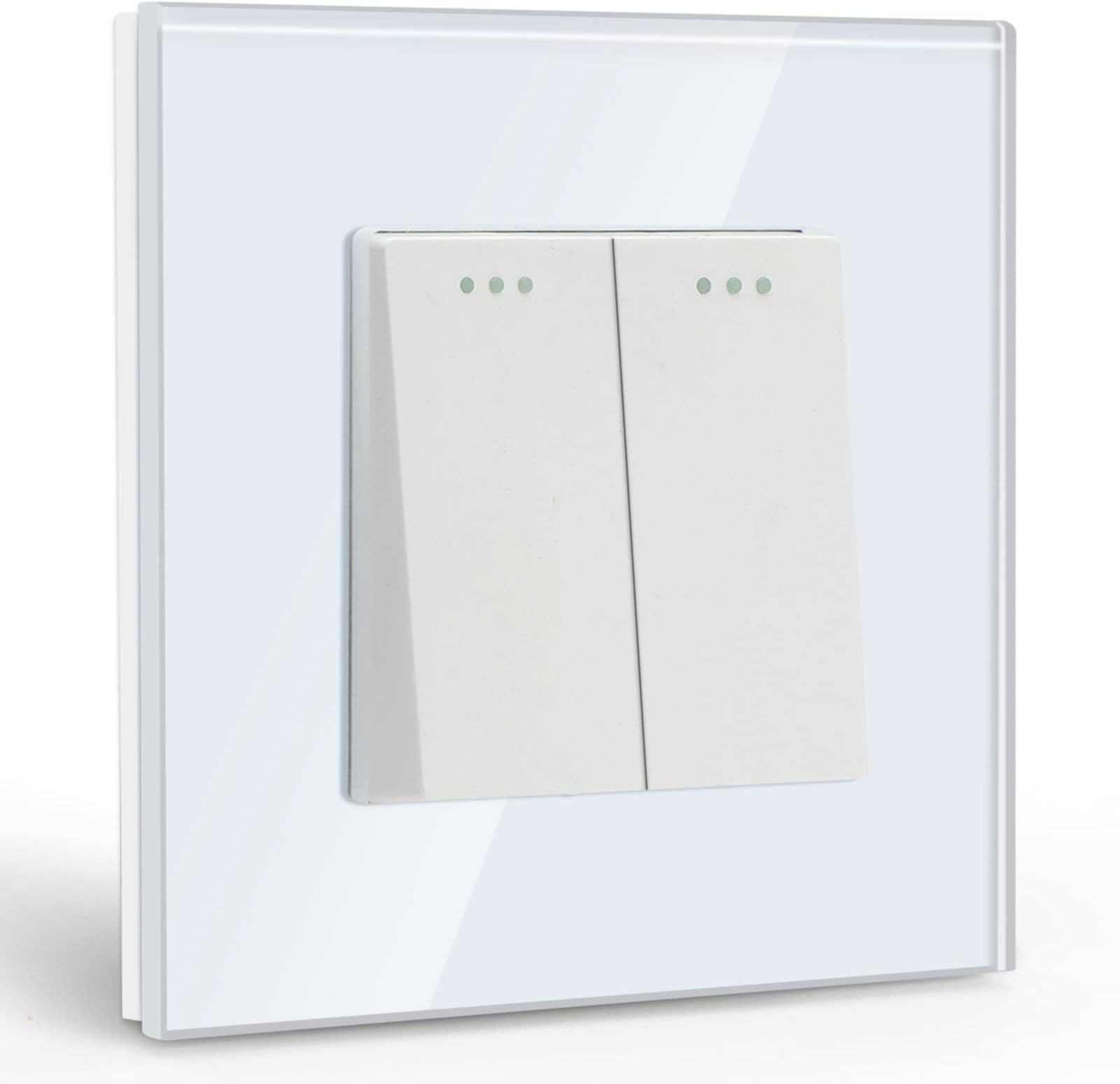 BSEED Light Switch 2 Gang 1 Way,Glass Light Switches,Screwless 10A Rocker Tactile Wall Switch,White Crystal Toggle Switch