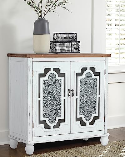 Maison Arts White Accent Cabinet With 2 Doors, Distressed Storage Cabinet With Aluminum Embossed Doors Farmhouse Decorative Floor Cabinet Rustic Display Cabinet For Living Room Bedroom Entryway #TOP1