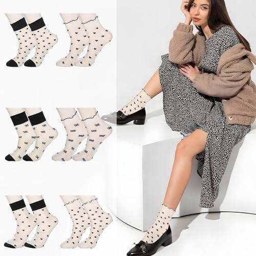 Image of Ouligay 6 Pairs Sheer Ankle Socks Women Transparent Fishnet Socks Cute Frilly Mesh Socks Women Sheer Ruffle Socks, Breathable Spring Summer Short Socks (Hearts, Stripes, Plaid)