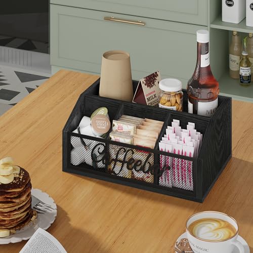 Image of YINMIT Coffee Station Organizer for Countertop, Wood Coffee Bar Organizer with Removable Dividers for Pods, Syrup, Cups, Stirrer, Tea - Office Bar Accessories, Iron Mesh-Black