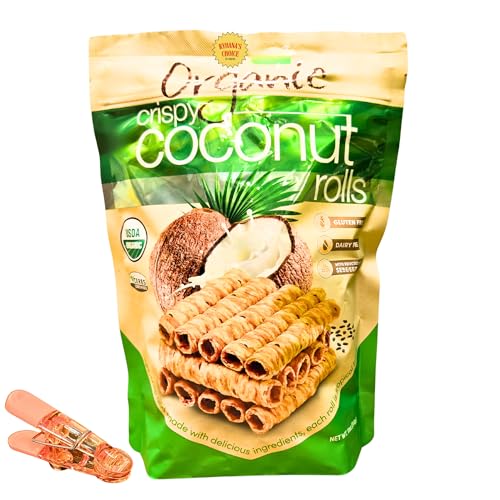 Organic Crispy Coconut Rolls, Gluten Free, Dairy Free, 11 oz, USDA Certified with Bonus Bag Sealer Clip by RH940
