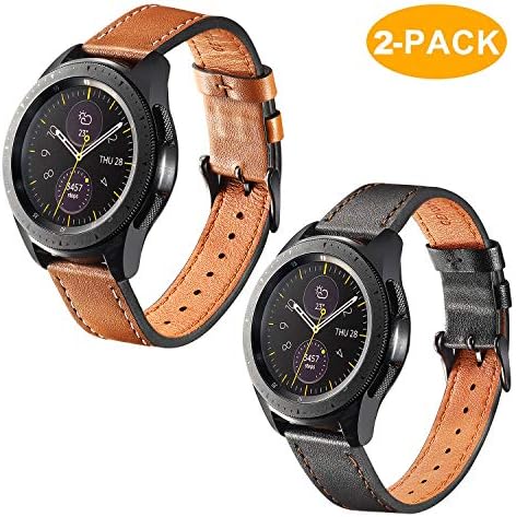 for Samsung Galaxy Watch 42mm Band - 2 Pack Premium Genuine Leather Straps with Black Buckle for Mens, Brown + Black