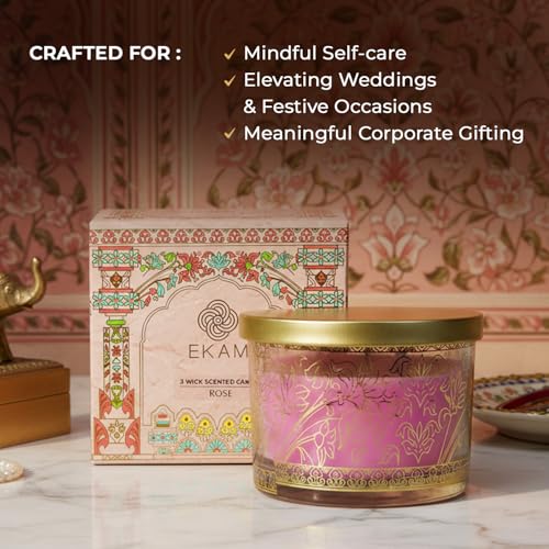 Image of EKAM 2025-26 Festive Fragrance Gift| Scented 3 Wick Candle| Rose | Inspired by Pink Haveli | 28-Hour Burn | Essential Oil Infused | Gift Box for Diwali & Celebrations