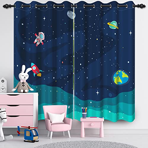 Qinunipoto カーテン 宇宙の柄 宇宙マンと地球 子供の部屋向け 160cm丈 2枚セット 遮光 プリントカーテン 防寒 ポリエステル製 窓かーてん ウィンドウ ブラインド シェード おしゃれ インテリア 間仕切り 目隠し 断熱 遮断