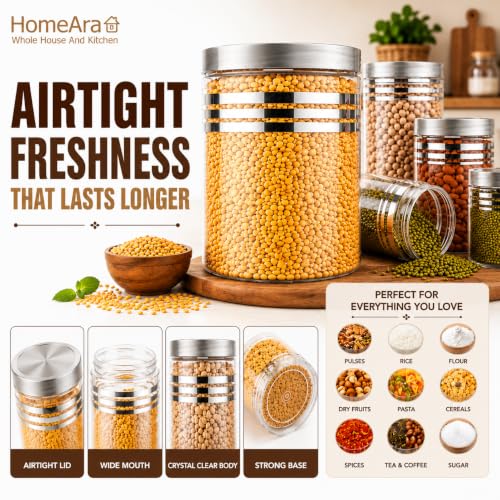 Image of Plastic Pet Storage Jar and Container, Set of 16 (4 ps x 250ml, 4 ps x350ml, 4 ps x 650ml, 4 ps x 1200ml) With Spoons Air Tight Kitchen Organiser Improved Model Silver line Printed