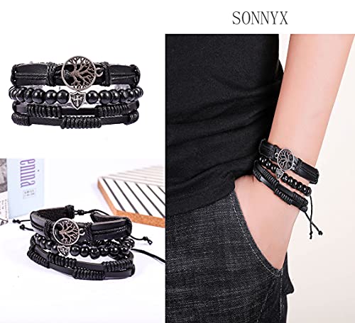 Sonnyx 44 Pcs Braided Leather Bracelets For Men Women Woven Cuff Wrap Bracelets Hemp Cords Wood Beads Ethnic Tribal Bracelets Adjustable Leather Wristbands #TOP1
