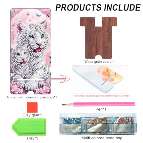 Image of White Tiger Diamond Painting Phone Stand with Mirror, DIY Wooden 2-in-1 Decorative Diamond Art Desktop Holder, Crystal Diamond Gem Painting Craft Kit Gift for Beginners Adults