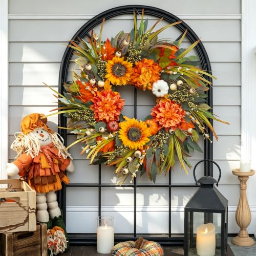 Image of Artificial Fall Wreaths for Front Door 24 Inch Harvest Autumn Leaf Wreath | Realistic Fall Door Wreath with Sunflowers,Dahlias,Pumpkins & Berries-Indoor Outdoor Thanksgiving,Halloween,Porch,Wall Decor