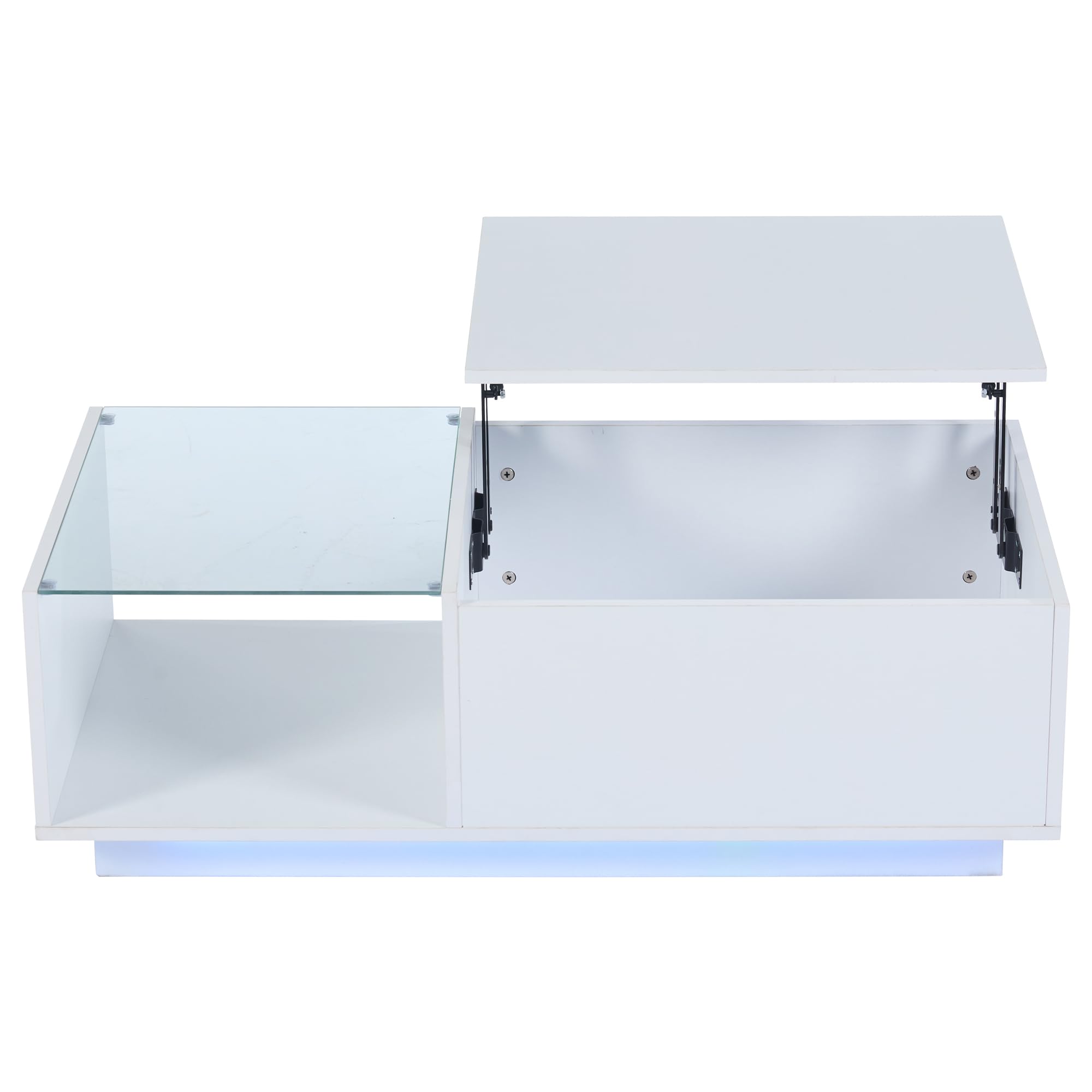 Merax Table basse de salon avec plateau réglable en hauteur, moderne table basse extensible avec LED, table de salon avec espace caché et vitrine en verre, table basse pour salon, bureau