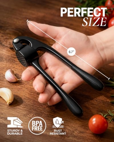 Image of Zulay Kitchen Premium Garlic Press Set - Rust Proof Professional Garlic Mincer Tool - Easy-Squeeze, Easy-Clean with Soft, Ergonomic Handle - Silicone Garlic Peeler & Brush (Black)
