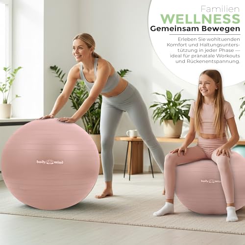 Body & Mind Gymnastikball inkl. Luftpumpe - Anti-Burst Pilates Ball, Pezziball für Schwangerschaft Ergonomischer Sitz als Büro-Stuhl, Sitzball für Yoga, Gymnastik & Workout (Rose, 55 cm)