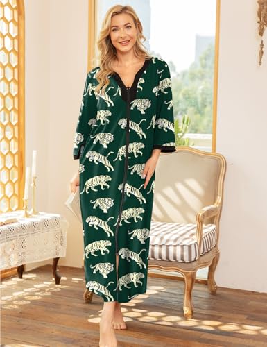 Image of Bloggerlove House Dresses for Women Zip Up Robes Soft Cotton Nightgown Half Sleeve House Coat Long Night Gowns Sleepwear