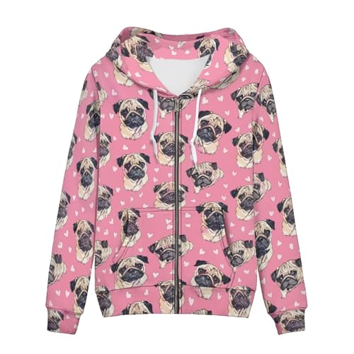 Uourmeti Kapuzenjacke mit Reißverschluss für Damen, Teenager, Mädchen, Herbst-Sweatshirt, Größe XS-5XL, Mops, X-Large