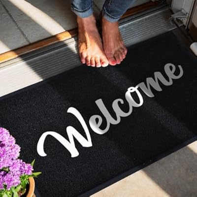 Amshem Welcome Matt Outdoor Indoor, 32"x20" 100% Waterproof Quick Dry All-Season, All-Weather Doormat, Durable Natural Rubber, Low Profile, Easy Clean Patio Porch Entryway Mat, Black White