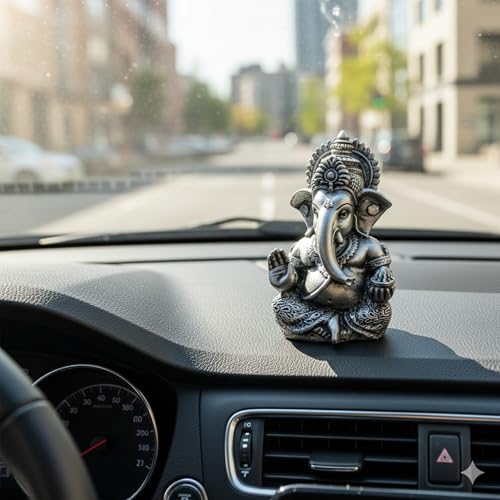 Image of Elegant Resin Ganesha Idol for Home Temple Decor, Lord Ganpati Murti for Pooja Room, Car Dashboard, Gift Item | Color: Metallic