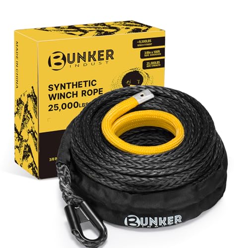 BUNKER INDUST 3/8" x 100' Synthetic Winch Rope,25000LBS Winch Cable with Protective Sleeve 100ft Winch Line Replacement for Off-Road Vehicle SUV Truck, Black