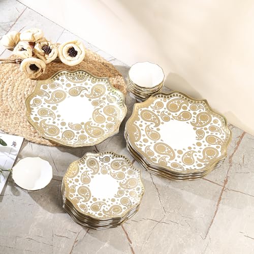 Image of Timeless Elegance Dinner Set, White & Gold, 18 Piece | Gold Plated, Porcelain Crockery with Scalloped Rim, For 6 People, 6 Dinner Plates, 6 Quarter Plates & 6 Veg Bowls, DSS02