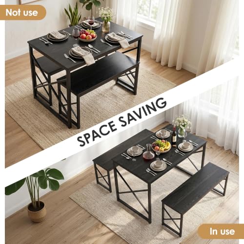 Image of VECELO 43.3 inch Kitchen Dining Table Set for 4, Heavy-Duty Steel Frame & Wood-Grain Tabletop, Space-Saving Dinette Sets with 2 Benches for Breakfast Nook and Small Space, Black