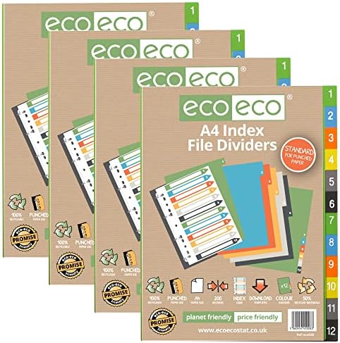 eco-eco A4 50% Recycled Multipunched Reinforced Colour Recycled Set 12 Index File Dividers 200mic (Pack of 4), eco028x4, a4 Standard 12pk x 4 Sets