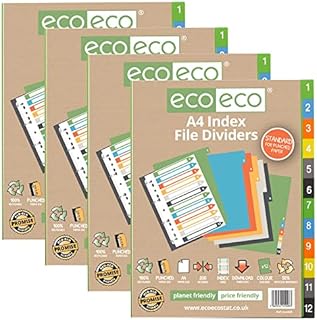 eco-eco A4 50% Recycled Multipunched Reinforced Colour Recycled Set 12 Index File Dividers 200mic (Pack of 4), eco028x4, a4 Standard 12pk x 4 Sets
