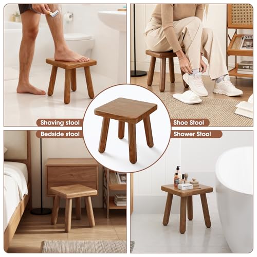 Image of 9 Inch Small Wooden Step Stool, multi-functional footstool, shoe changing stool, indoor plant stand, portable and sturdy, suitable for living room, kitchen, bedroom, bathroom (Walnut wood color)