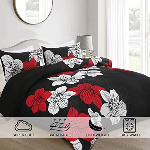 Menghomeus Black Comforter Set Queen - Red And White Floral Comforter With 2 Pillowcases Modern Bedding Sets Lightweight Boho Bed Set For All Season #TOP1
