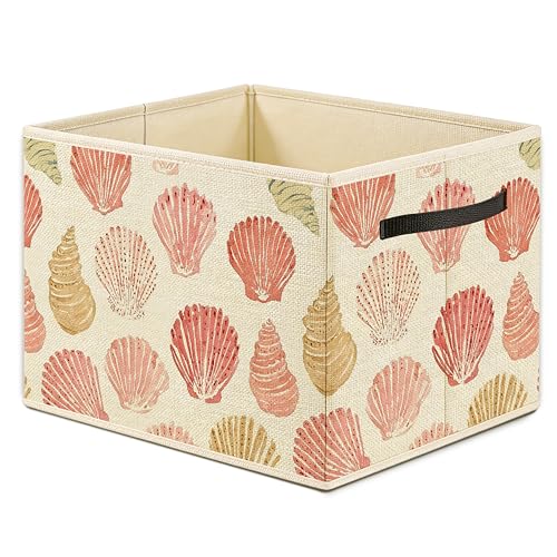 OTOUO Pink Seashell Coastal Beach Storage Bin Box, Ocean Room Decor, Nautical Sea Conch Foldable Laundry Basket Toys Books Clothes Organizer for Girls Dorm Bedroom Bathroom Home Decor