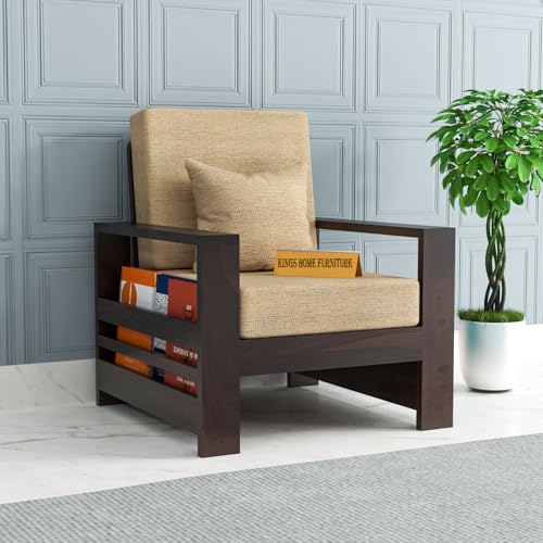 Image of Sheesham Wooden 1 Seater Sofa for Living Room | Rosewood 1 Seater Cushion Sofa with Side Rack | Solid Wood Sofa Set for Lounge (1 Seater,Walnut)