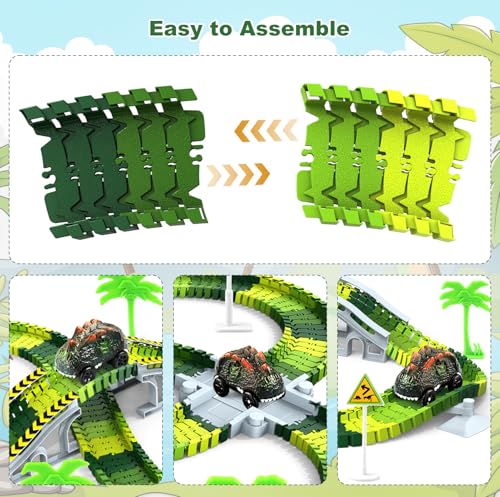 Image of Dinosaur Toys for Kids 3-5, Glow in The Dark Flexible Train Track Playset, 2 Dinosaur Car for 3 4 5 6 7 Year & Up Old Boys & Girls Best Gift
