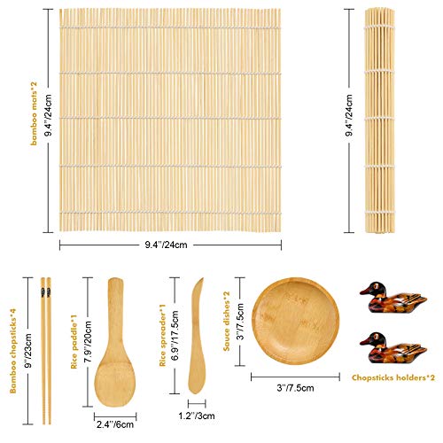 Sushi Making Kit, STNTUS Sushi Mat, Bamboo Sushi Roller Mat, Sushi Kit Gift Set, Sushi Making Kit for Beginners, Bamboo Sushi Rolling Mats, Chopsticks and Holder, Paddle, Speader, Sause Dish, 12 Pcs - Thumbnail 2