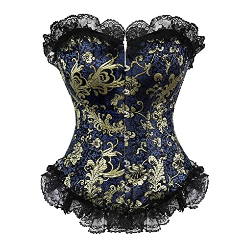 Grebrafan Gothique Corset à Motifs Floraux Dorés et Dentelle Noir (EU(32-34) S, Bleu)