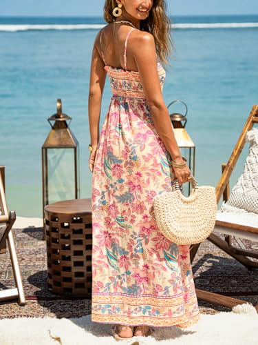 Image of CUPSHE Women Spaghetti Straps Boho Maxi Dress Summer Sleeveless Smocked Floral Beach Long Dress Flowy Cruise Vacation Outfits