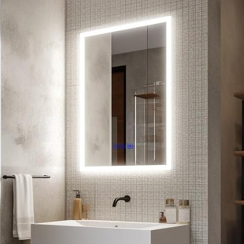 Finmrys Bluetooth Bathroom Mirror with LED Lights, 500 x 700 mm Demister Dimmable 3 Colour Light Memory Function Illuminated Bathroom Mirror Horizontal/Vertical（19.69x27.56 Inch）