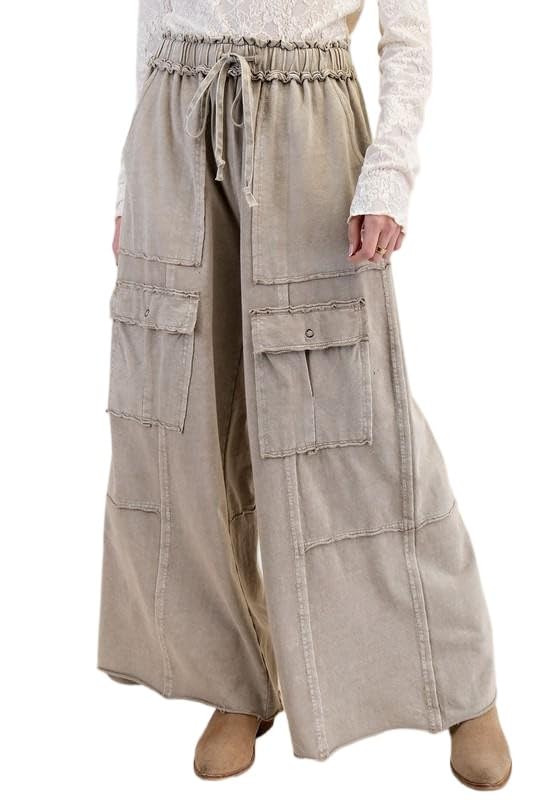 VAOYIU Womens Casual Wide Leg Cargo Pants with Drawstring Waist Multi Functional Pockets and Raw Edge Hem