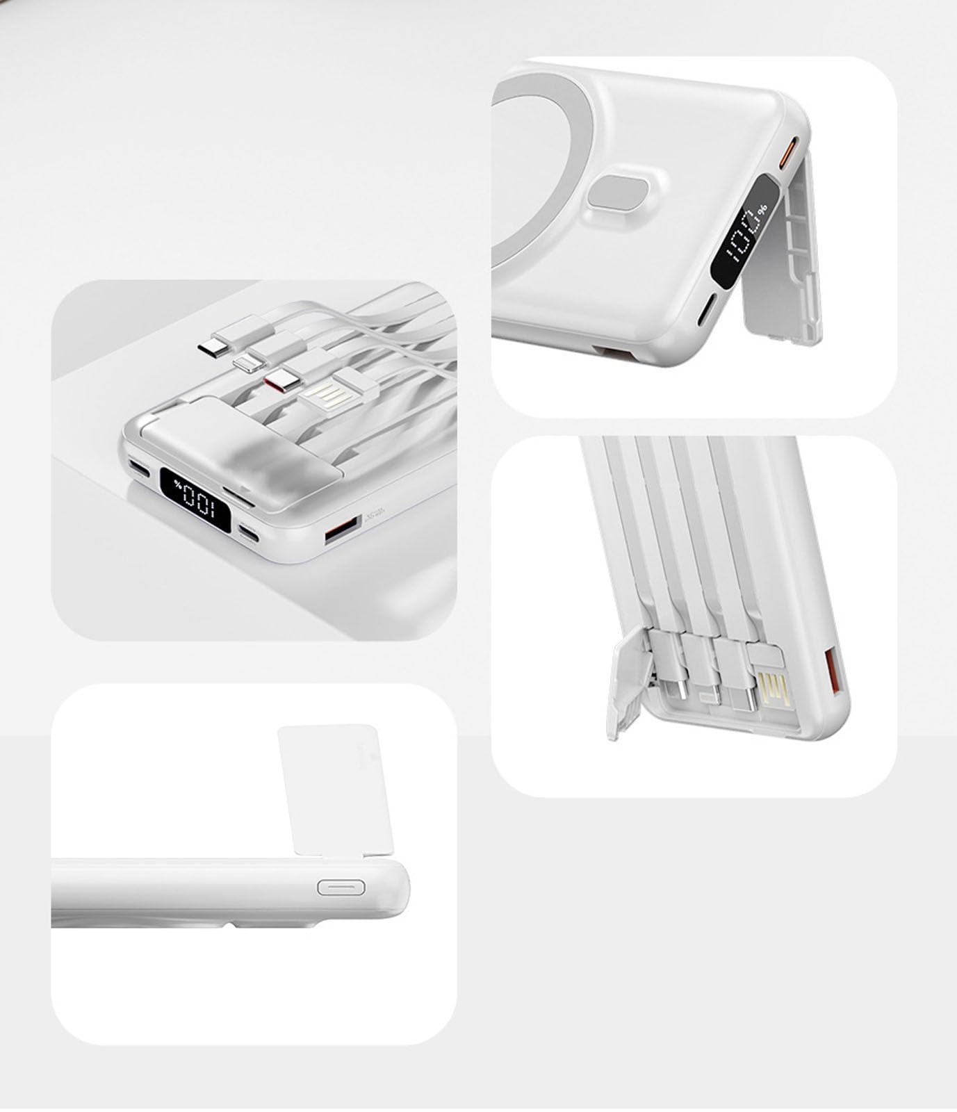 Przenośna ładowarka, bank mocy 10000 mAh, wyświetlacz power bank, szybkie ładowanie banku mocy, mobilne 4-przewodowe zasilanie, zasilanie magnetyczne 10000 mAh (biała)