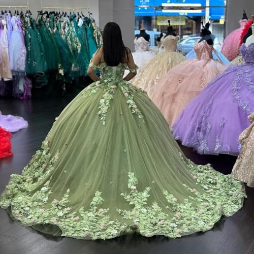Mouccy Gorgeous Lace Beaded Quinceanera Dresses Puffy Off Shoulder Sweet 16 Dress with Train 3D Floral Prom Dress Ball Gown2