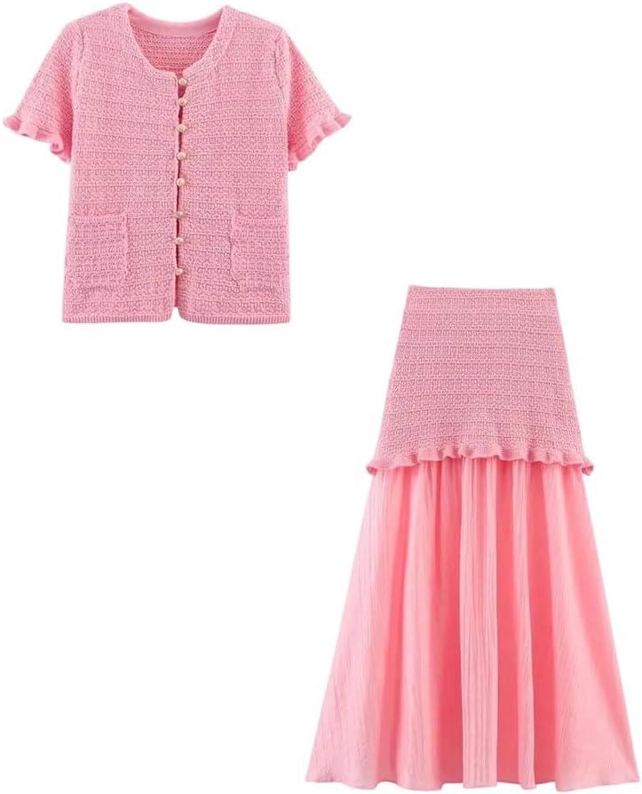 Women's Casual Knit Sets Short Sleeve Cardigans Patchwork Chiffon Skirt