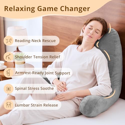 Image of Sasttie Reading Pillow for Bed, Back Pillow for Sitting Up, Dark Grey | 25 inch Backrest Support Cushion for Couch, Sofa, and Floor, Dorm Essentials, OEKO-TEX, Adjustable Down Alternative Fill