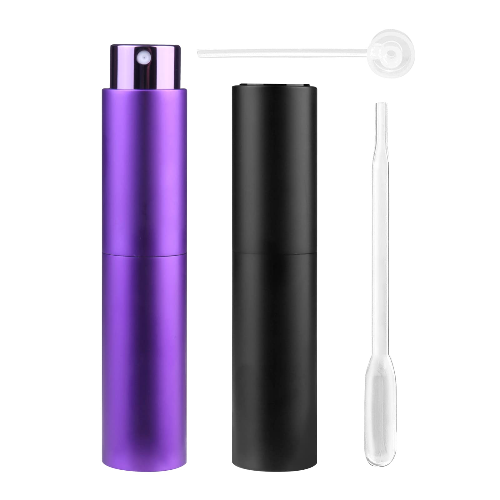 Zingso Refillable Travel Perfume Atomiser Bottles, 2 Pcs 10ml Mini Portable Spray Bottles Refillable Perfume Aftershave Atomiser Empty Travel Bottles with Funnel… (10ml (Black+Dark Purple))