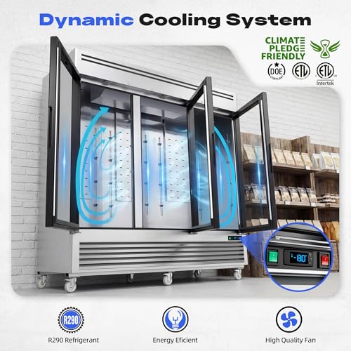 Image of Coolake 82 inch Commercial Freezer 3 Glass Doors, 72 Cu.ft Stainless Steel Reach-in Merchandiser Display Freezer with LED Light, -8 to 0℉ Fan Cooling Upright Freezer for Restaurant Kitchen Garage Store